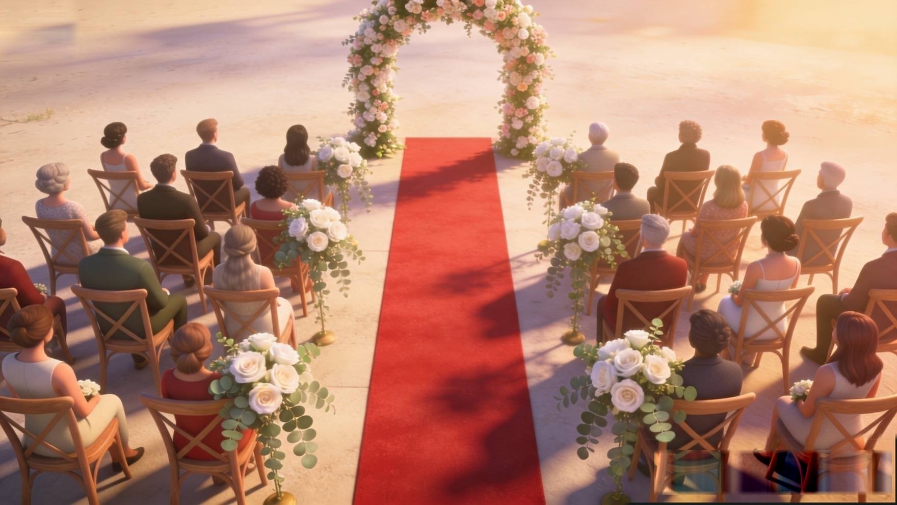 Vista aérea de uma cerimônia de casamento ao ar livre.