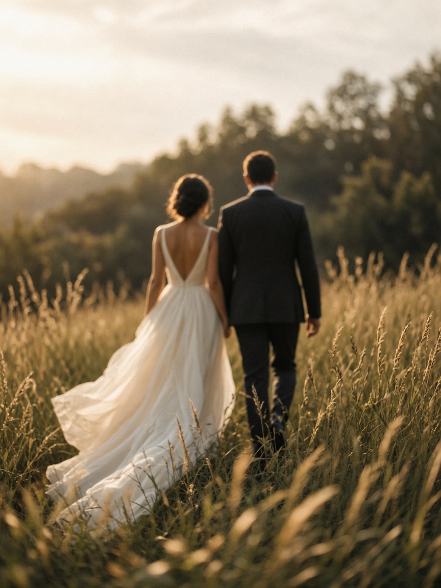 Casal caminhando junto em um campo ao entardecer.
