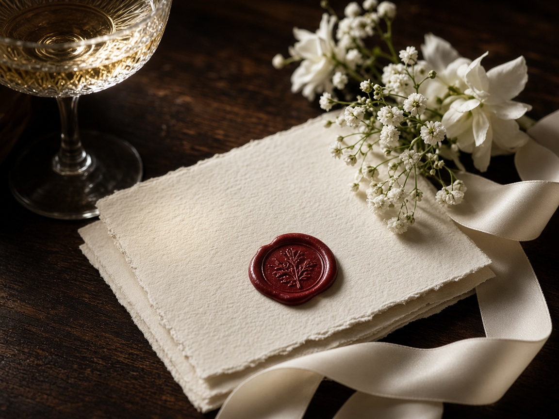 Detalhes artesanais de um convite de casamento.