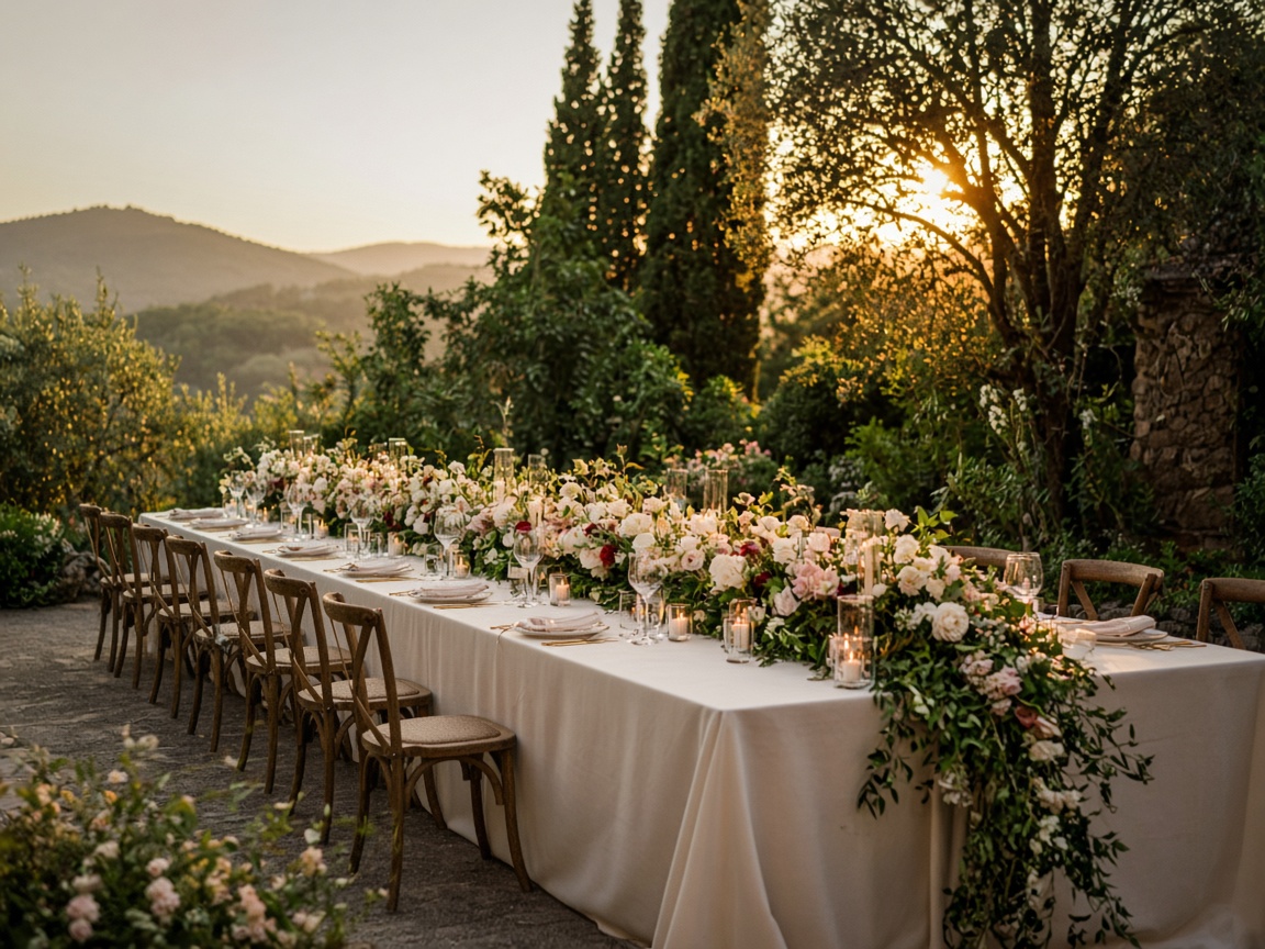 Mesa de casamento ao ar livre decorada com flores e velas.